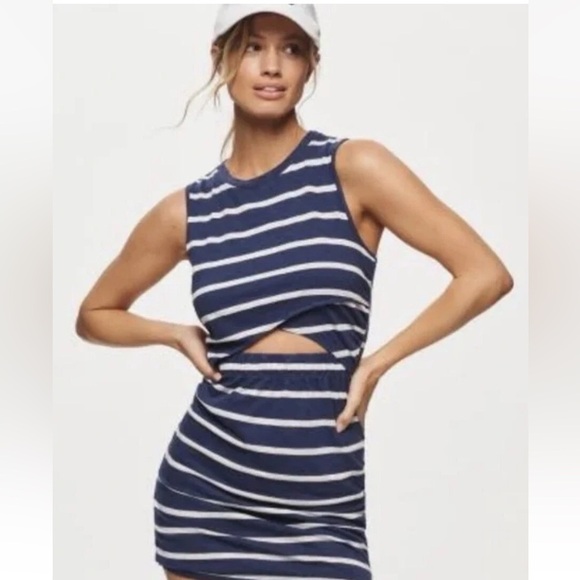 Anthropologie T.La Blue Stripe Midriff Cutout Sleeveless Shirt High Neck Mini - Picture 6 of 12